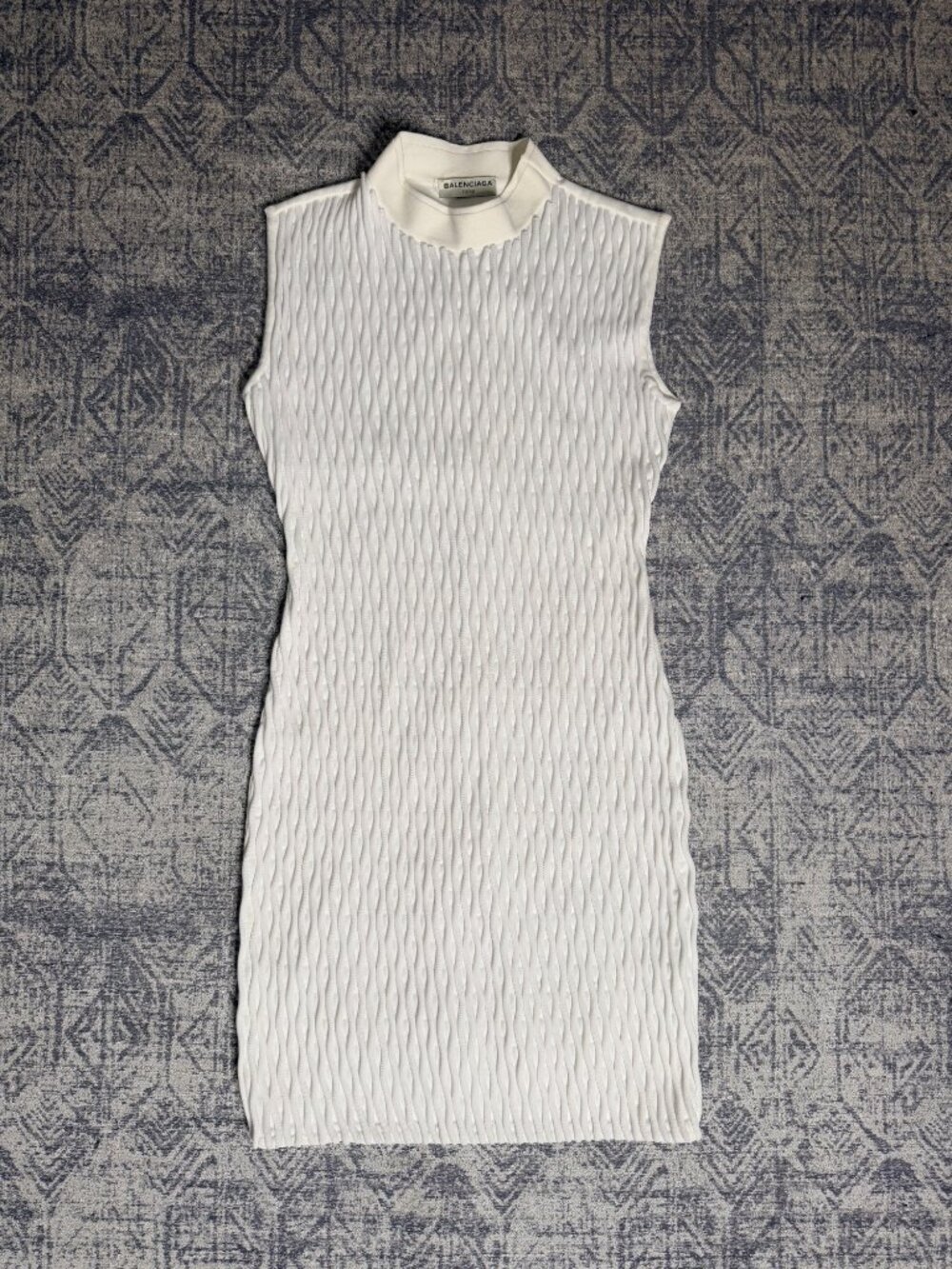 Balenciaga White Textured Sleeveless Mock Neck Knit Dress